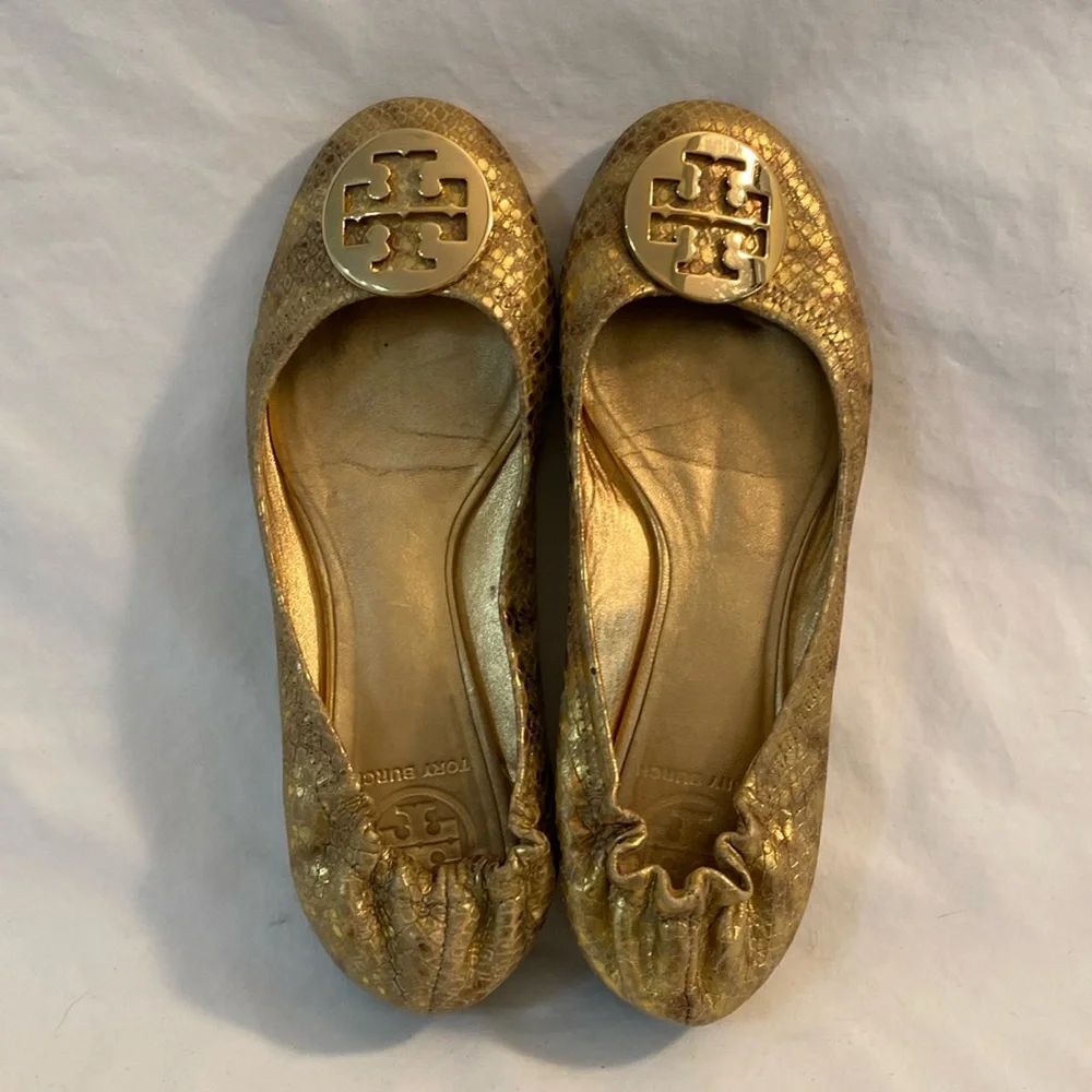 Tory Burch REVA GOLD LEATHER Medallion SNAKESKIN BALEET FLATS Size 8M VGC